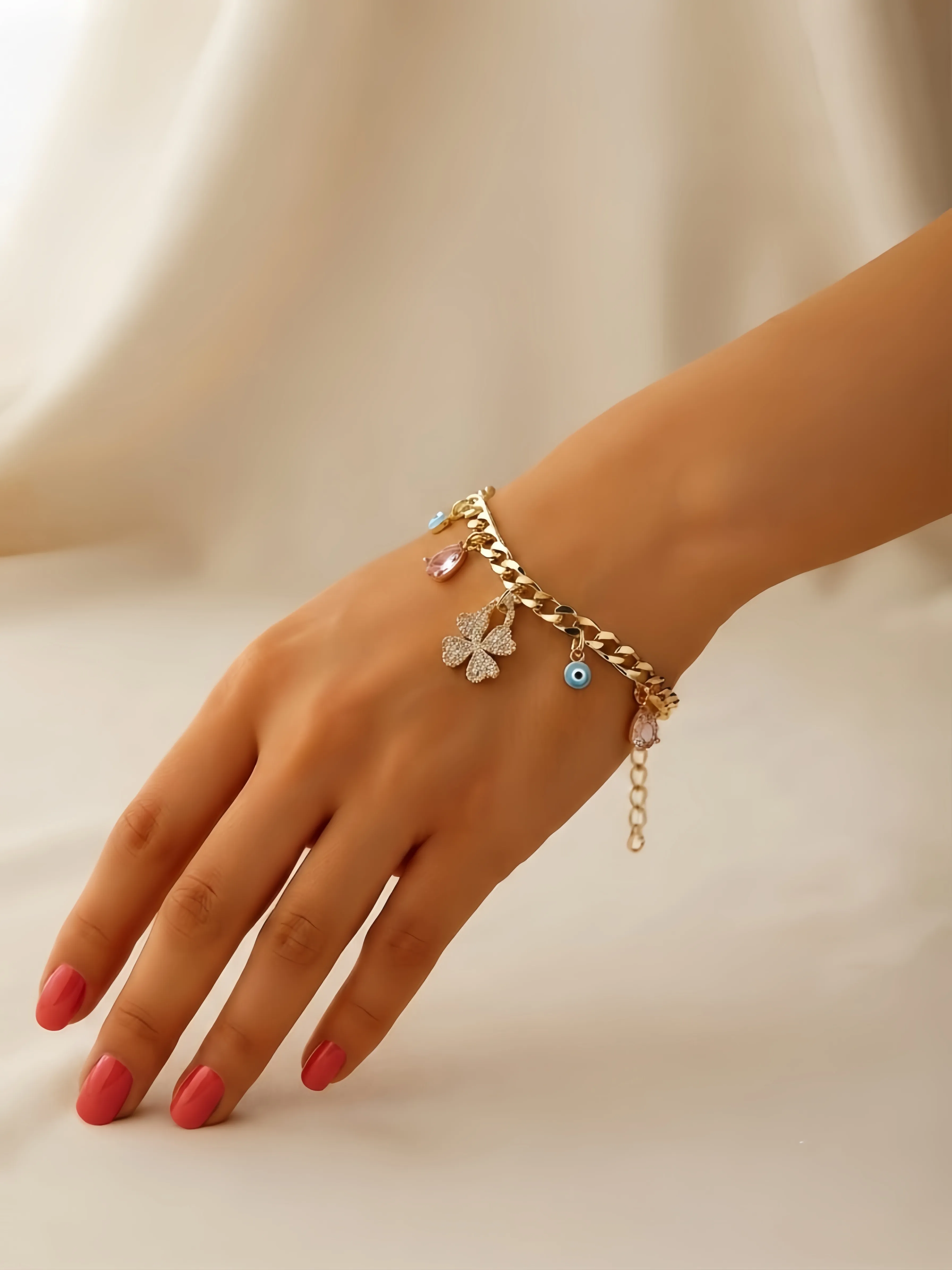 Evil Eye & Teardrop Crystal Charm Bracelet On Model