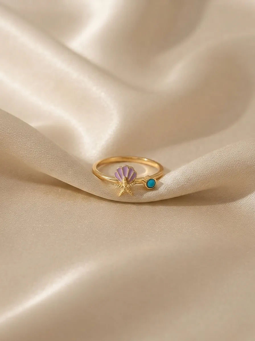 Enameled Seashell & Starfish Ring Purple
