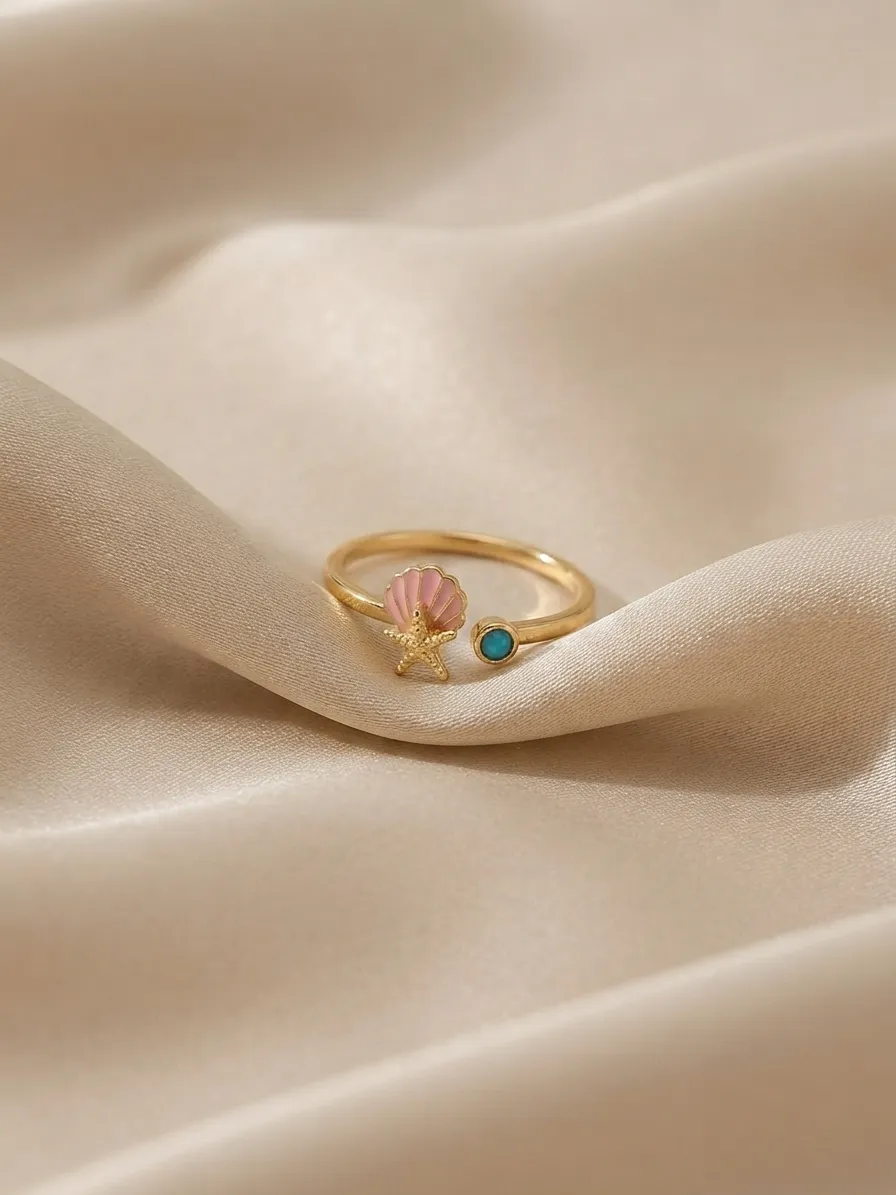 Enameled Seashell & Starfish Ring Pink