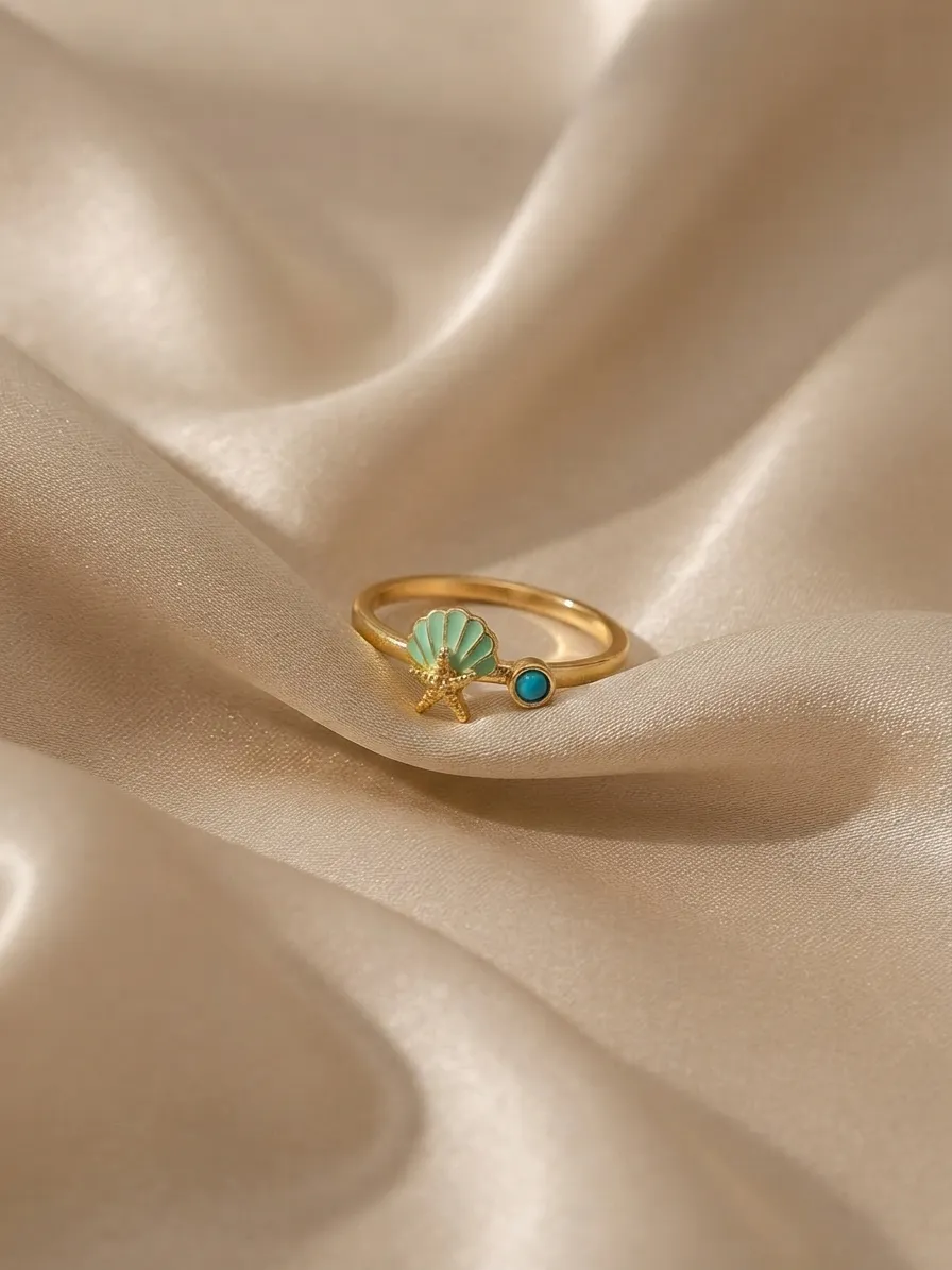 Enameled Seashell & Starfish Ring Green