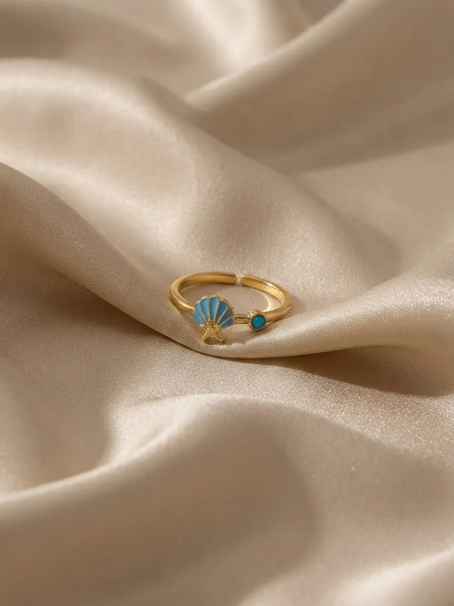 Enameled Seashell & Starfish Ring Blue