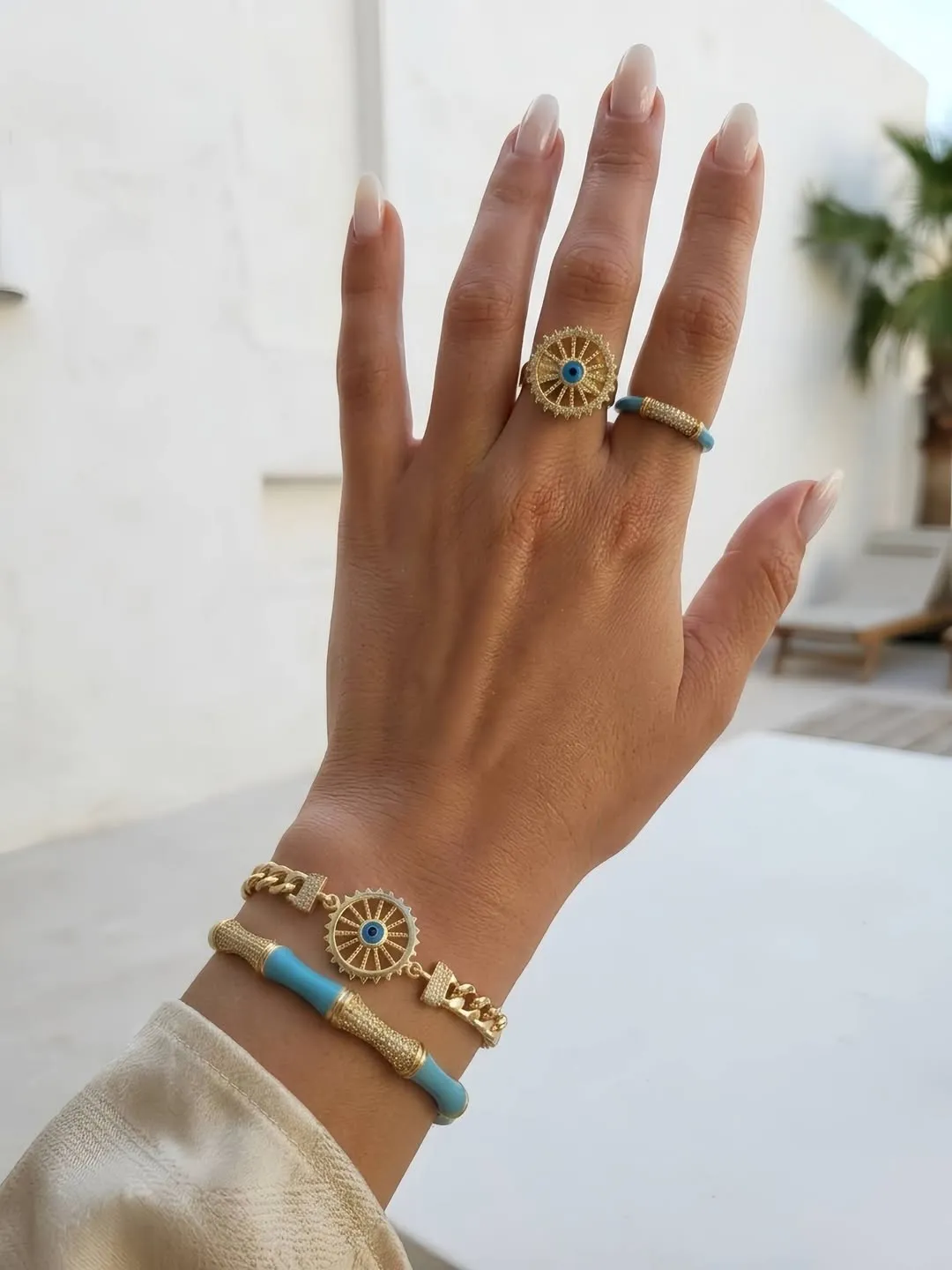 Bamboo & Gold Eye Bracelets and Rings Sets