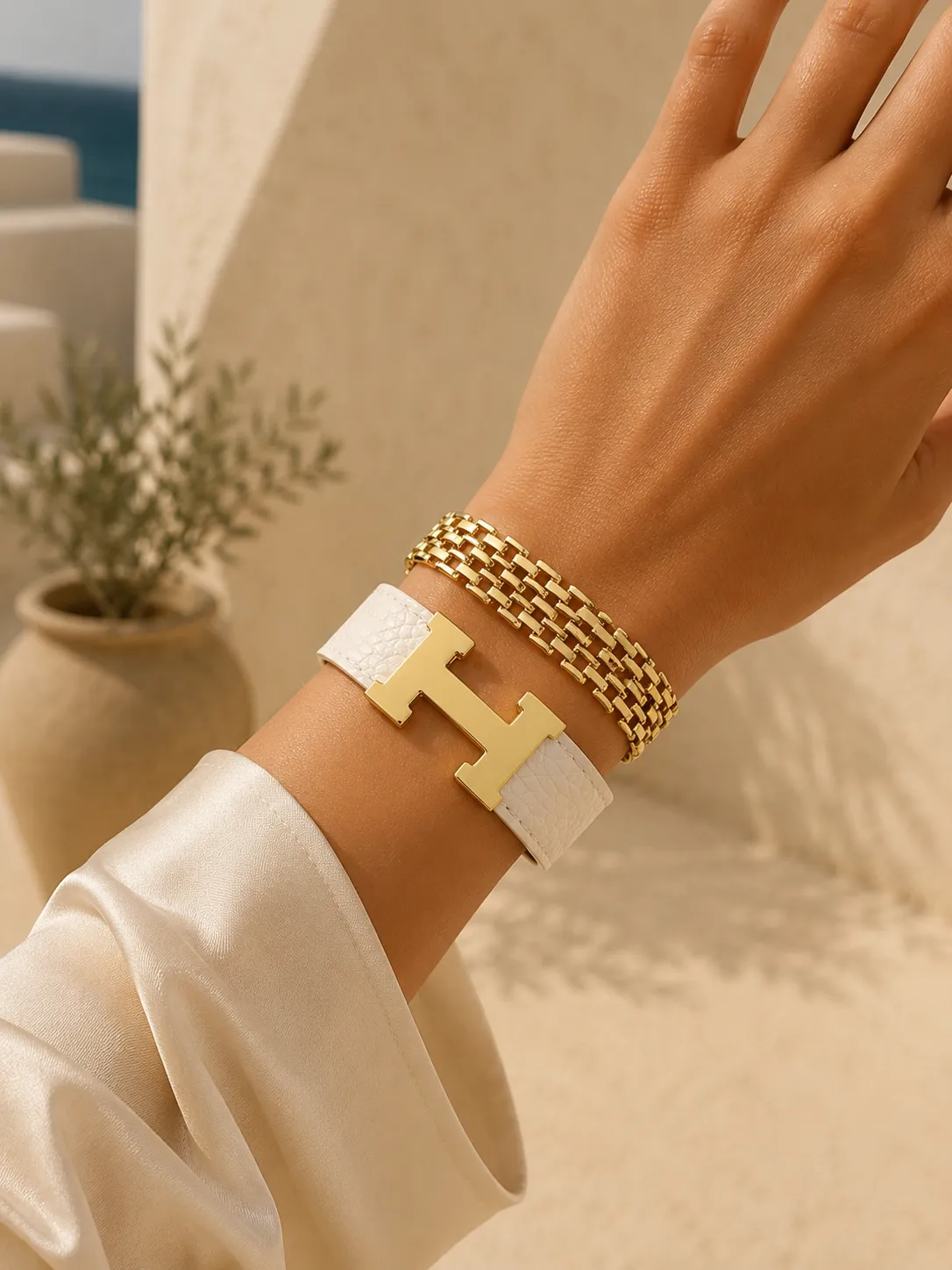 Hermes Leather & Rolex Chain Stacking Set